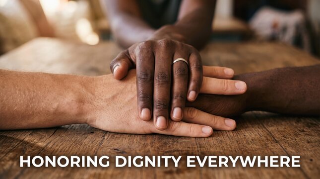 Two people with different skin tones stacking hands on a rustic wooden table surface with a gold ring visible on one finger representing unity and connection