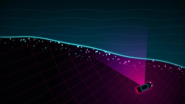 Small boat scanning the ocean floor with a neon light beam in a dark digital sea 4k Motion Video