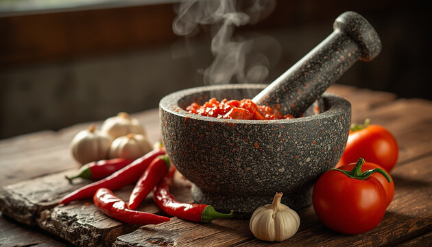 Stone mortar and pestle with red chilies, shallots, garlic and tomato for making sambal