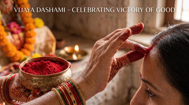 Woman applying red vermilion powder or sindoor on forehead during traditional hindu festival ritual with marigold flower garland and lit oil lamp in background