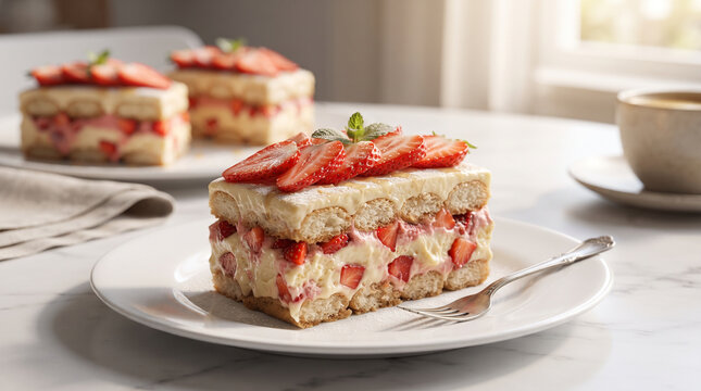 Gourmet Pav&ecirc; de Morango with Fresh Strawberries and Cream Layer Close Up