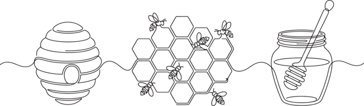 Continuous line drawing of beehive honeycomb and honey jar with dipper