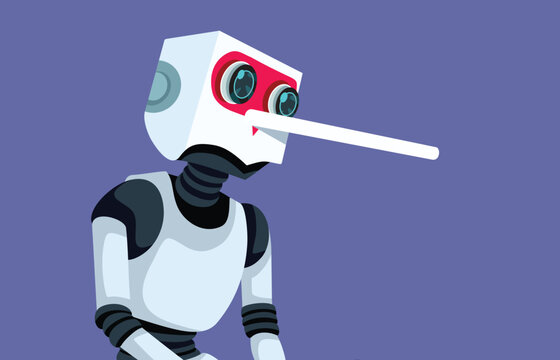 Lying AI Chatbot Robot Character Design With Long Nose Vector Illustration. Dishonest virtual assistant machine showing a long nose representing fake online news
