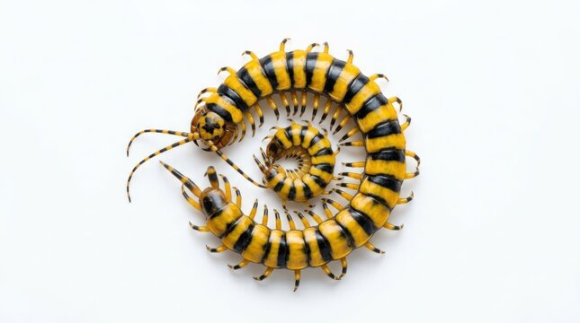 yellow and black centipede curved in circle on white background