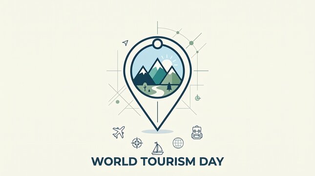 World tourism day concept illustration with map pointer icon featuring mountain landscape and travel related symbols like airplane, compass, sailboat, globe and backpack