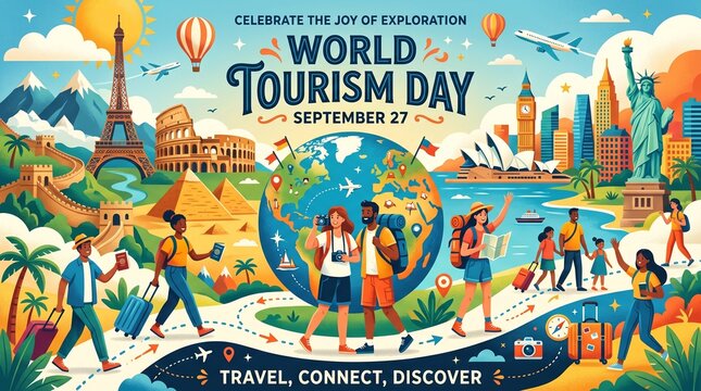 World tourism day celebration illustration featuring iconic global landmarks, diverse travelers with luggage, and a central globe, promoting exploration, travel, and cultural connection