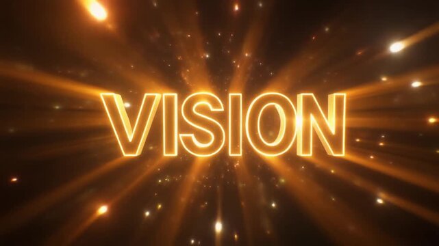 ゴールドの光線と粒子が放射状に放たれネオン文字のVISIONが浮かび上がる輝かしい企業ビジョン表現の3Dモーション動画