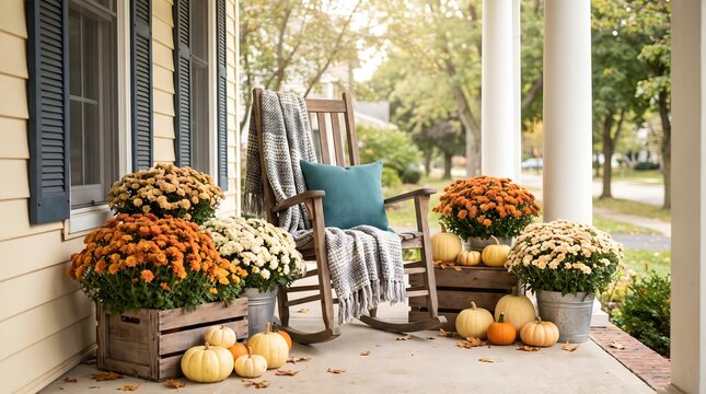 Festive thanksgiving porch decor with pumpkins mums and a rocking chair for autumn celebrations