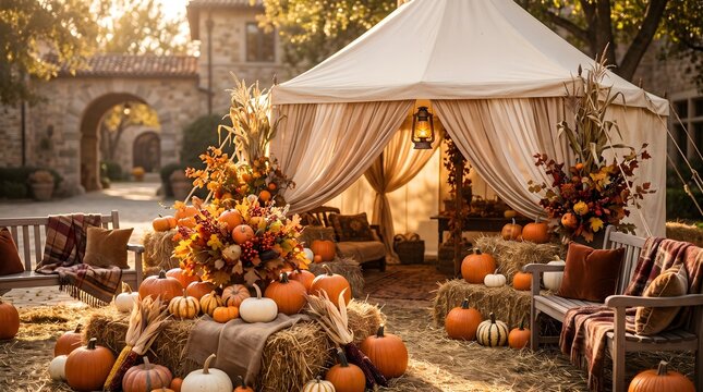 Festive thanksgiving outdoor setting with pumpkins hay bales and a tent for autumn celebrations