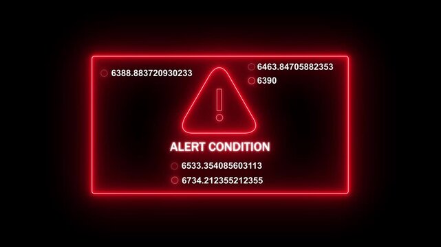 Neon red alert condition warning sign with digital data stream overlay, futuristic cyber security notification interface, technical system error glowing emergency warning symbol for motion