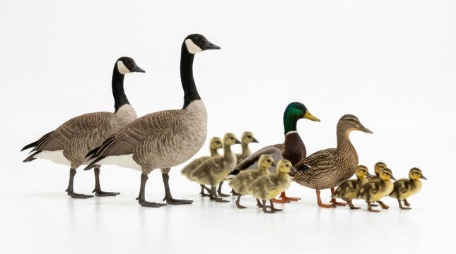 family of geese and ducks with ducklings on white background