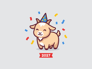 Obraz premium New Year 2027 Celebration Cute Baby Goat Mascot Wearing Party Hat