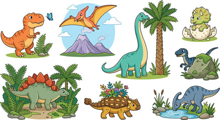 Cute Prehistoric Dinosaur Vector Character Set with Baby Dino Stegosaurus and Flying Pterodactyl for Kids Design © MdRobiul
