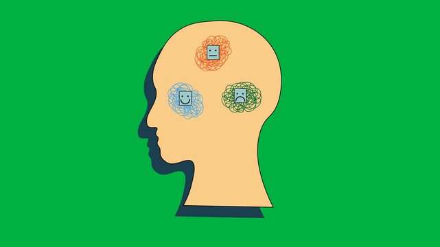 Medical vector animation displaying a human head profile containing tangled emotional states representing happiness, neutrality, and sadness, highlighting bipolar disorder, cyclothymic