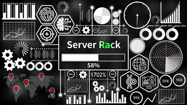 SERVER rack set with futuristic HUD interface elements and abstract infographic charts on dark background 4k video
