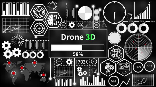 drone 3D set with futuristic HUD interface elements and abstract infographic charts on dark background 4k video