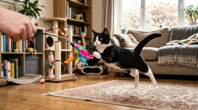 playful tuxedo cat engaged in active energetic play indoors setting