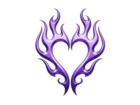 Purple flaming heart shape made of tribal style fire flames isolated on transparent background
