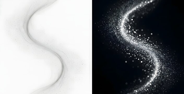 Diptych of abstract gray dust waves flowing in s-curves against white and black backgrounds