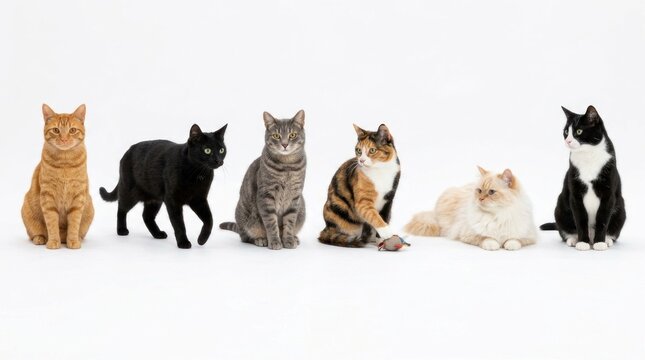 six realistic cat renders in various colors on white background