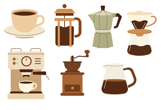 Espresso Machine, French Press, Moka Pot, and Manual Grinder Vector Set