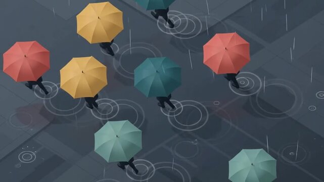 Minimalist Aerial Illustration of People with Umbrellas in Rain