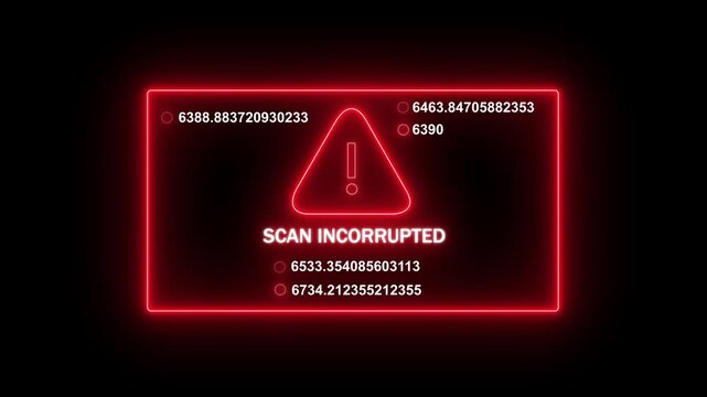 Digital cyber security warning interface featuring a glowing neon red alert symbol and rapidly changing data streams indicating a system scan incorrupted error message for advanced technology projects