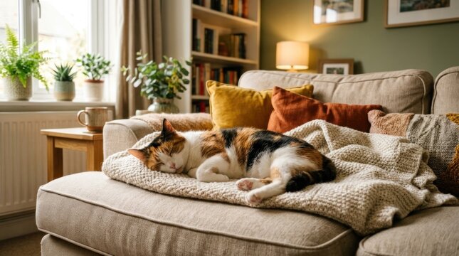 calico cat lounging comfortably on cozy beige sofa indoors display