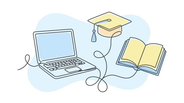 Graduation education symbol with connected laptop and book elements illustrating digital academic achievement and remote learning.