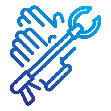 Set of cleanup tools including protective gloves and a litter picker grabber for safe and efficient waste collection icon line gradient style