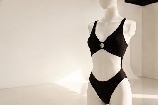Faceless dress form mannequin wearing black cutout monokini, studio cyclorama, swimwear display
