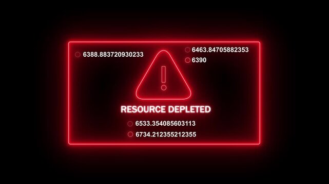 Futuristic digital warning sign with glowing red neon frame and rapidly changing numerical data streams indicating a critical system error or resource depleted status for cyberpunk tech interface