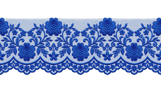 Vintage blue floral embroidery lace, elegant flower border trim on white, decorative textile pattern for fashion and home decor