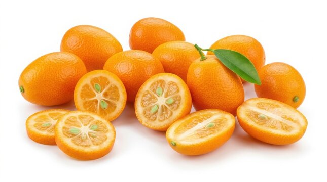 Heap of fresh whole and sliced kumquat citrus fruits isolated on white background with citrus fruit cut fruit orange fruit tropical fruit raw food exotic fruit vitamin c fruit slice vitamin