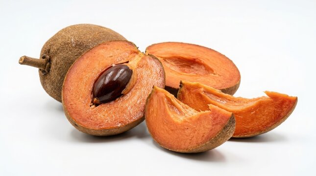 Whole and sliced sapodilla fruit with brown skin and sweet orange flesh exotic fruit tropical fruit seeds raw food ingredient white background cross section sapodilla fresh fruit