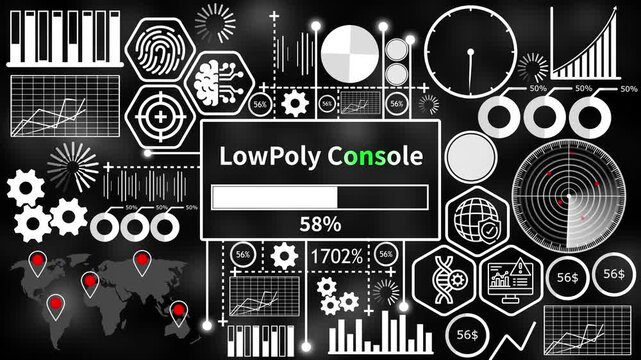lowpoly console set with futuristic HUD interface elements and abstract infographic charts on dark background 4k video