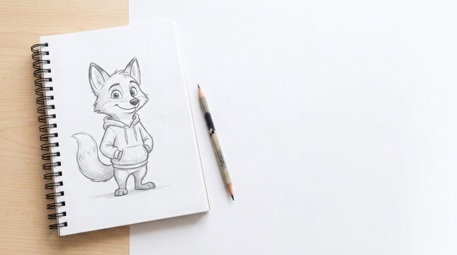 Pencil sketch of a cartoon fox character in a notebook