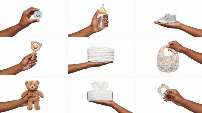 Set of hands holding various baby care products and nursery accessories isolated on white background with baby clothes teddy bear baby bib