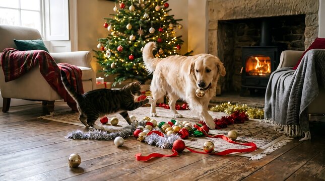 Golden retriever dog playing with christmas ornaments in a cozy living room with a fireplace and holiday tree holiday decorations seasonal