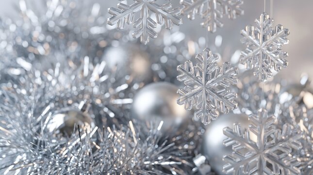 Christmas festive background with silver ornaments and snowflake decorations silver baubles holiday season silver snowflakes celebration