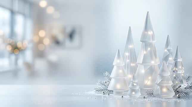 Softly lit transparent Christmas trees adorned with delicate silver accents, creating a serene and magical winter wonderland scene