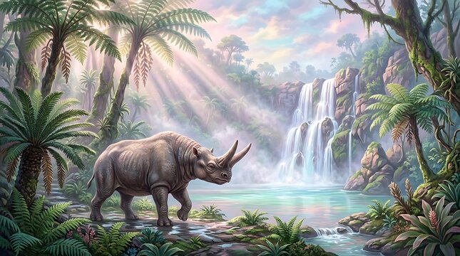 A majestic rhinoceros wanders through a lush, prehistoric jungle with a vibrant waterfall in the background, bathed in ethereal sunlight