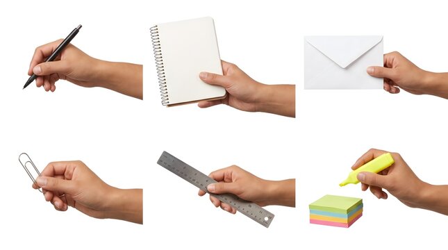 Collage of hands holding various stationery items and office supplies on white background with holding objects writing tools hand gestures