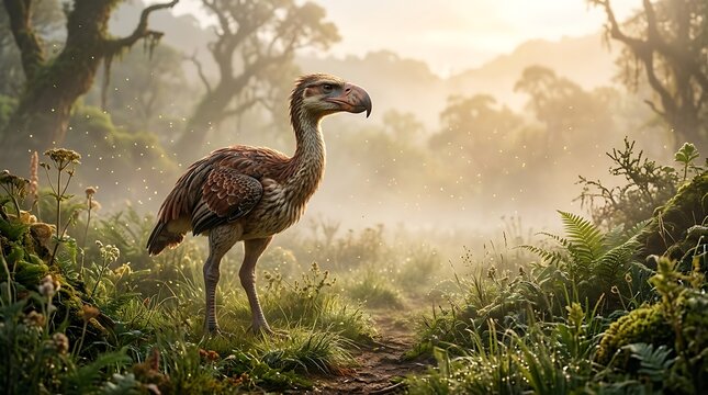 A majestic prehistoric bird stands proudly in a misty, lush jungle clearing with soft, diffused sunlight filtering through the dense canopy above