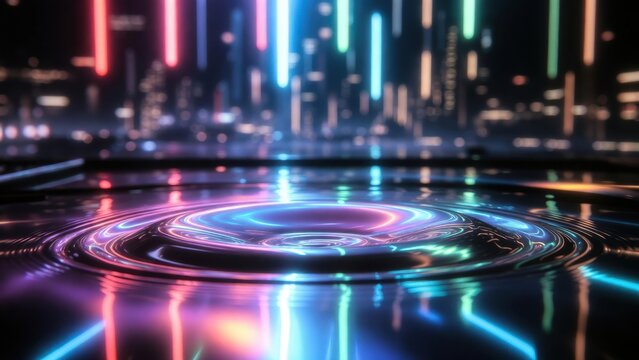 Vibrant neon lights reflect in water creating dynamic patterns in a futuristic urban setting Colorful light reflections dance on the surface of water
