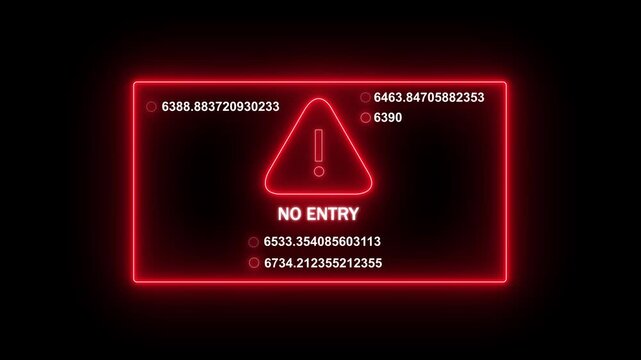 Digital red neon no entry warning sign with flickering data stream hud interface for cyberpunk ui high-tech security system alert overlay, futuristic cybersecurity motion