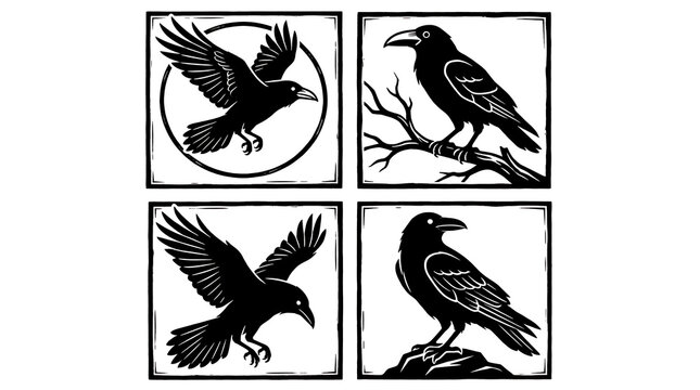 Raven Emblem Series: A set of four black and white woodcut-style illustrations, each featuring a raven in a distinct pose, arranged in a grid.