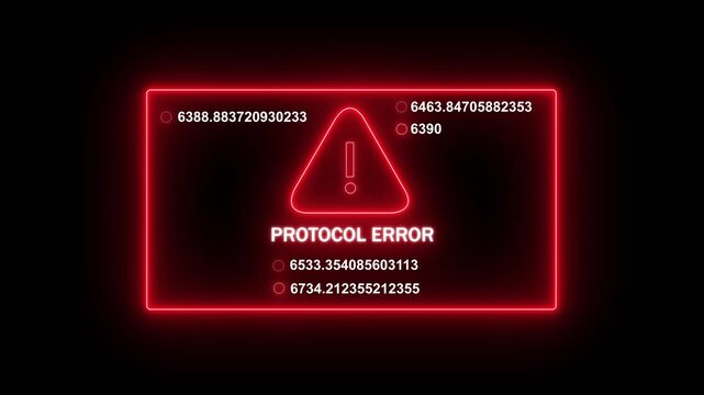 Dynamic digital protocol error warning sign with glowing red neon frame and rapidly changing numerical data stream overlay for cyber security, system failure, software glitch, and futuristic ui