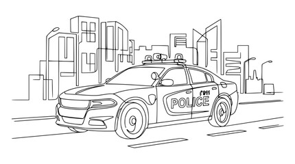 Continuous line drawing police car driving in city street, transparent background © Wesi