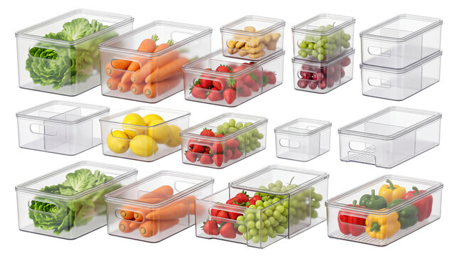 Transparent plastic food storage containers set, clear acrylic refrigerator organizers with fresh vegetables and fruits, kitchen pantry storage bins